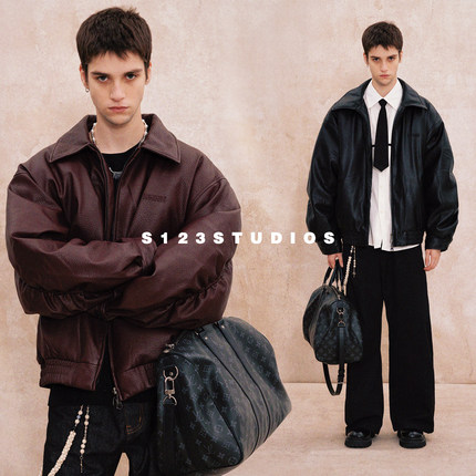 S123 美式复古翻领皮衣羽绒服外套男宽松冬季技能服夹克上衣潮