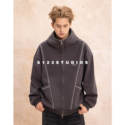 S123重磅550克baby绒纯色辑明线廓形开衫卫衣潮牌高街宽松情侣装