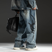 巴黎风格 图腾印花直筒裤 男女同款 S123 废土风牛仔直筒长裤 潮