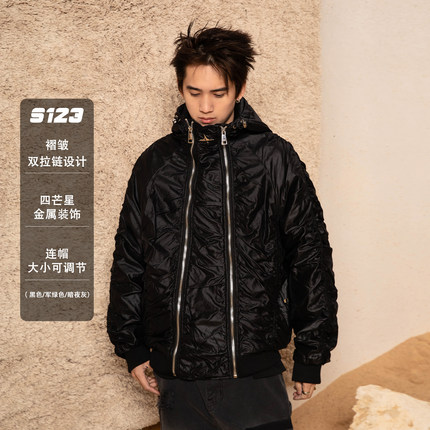 S123【双轨隐褶】美式褶皱棉服金属装饰保暖夹克个性痞帅飞行服