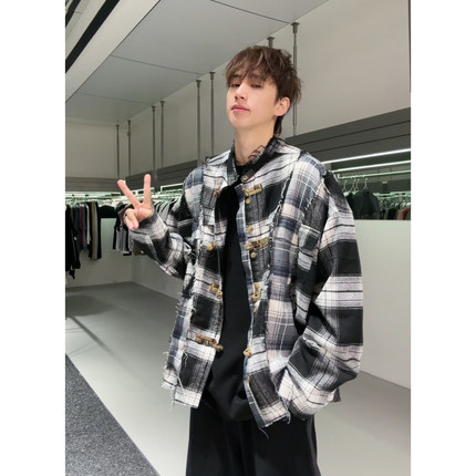 S123 新中式小众格子衬衫男秋冬新款拼接做旧情侣外套上衣潮