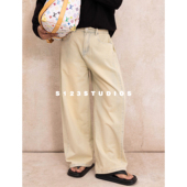 男宽松百搭阔腿休闲裤 S123 小众设计水洗做旧脏染直筒牛仔长裤 潮