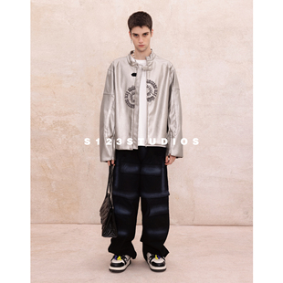 S123 潮牌设计感logo刺绣赛车服夹克痞帅廓形机车皮衣外套情侣