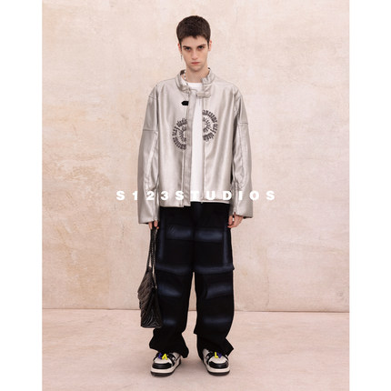 S123 潮牌设计感logo刺绣赛车服夹克痞帅廓形机车皮衣外套情侣