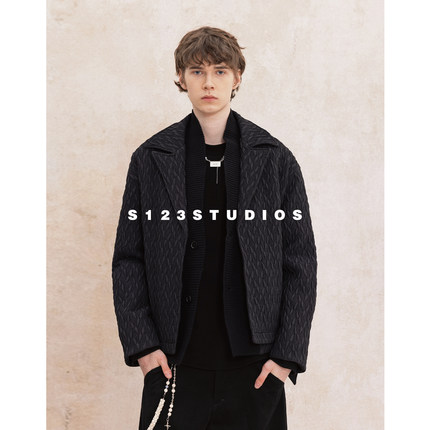 S123 白鹅绒西装款假两件羽绒服男潮牌肌理感加厚保暖百搭外套