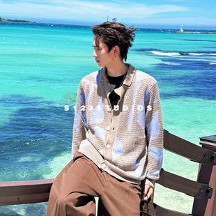 S123秋季新款慵懒感男装撞色编织毛衣肌理感长袖针织开衫