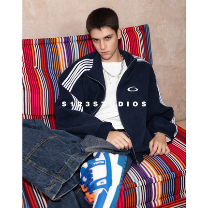 S123 巴家五条杠拼接撞色刺绣字母立领夹克宽松休闲情侣款外套潮
