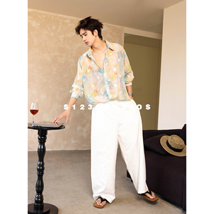 S123刺绣蝴蝶彩虹色半透明碎星轻薄无弹性面料长袖衬衫宽松男外套