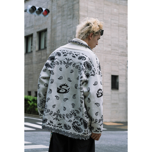 S123【佩斯利纹】潮牌腰果花毛边流苏V领针织开衫毛衣外套