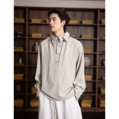 S123 男宽松百搭上衣潮 衬衫 小众设计简约纯色假两件纽扣装 饰长袖