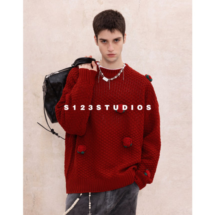 S123 秋冬趣味设计感小花朵毛衣男女宽松慵懒风情侣针织衫外套