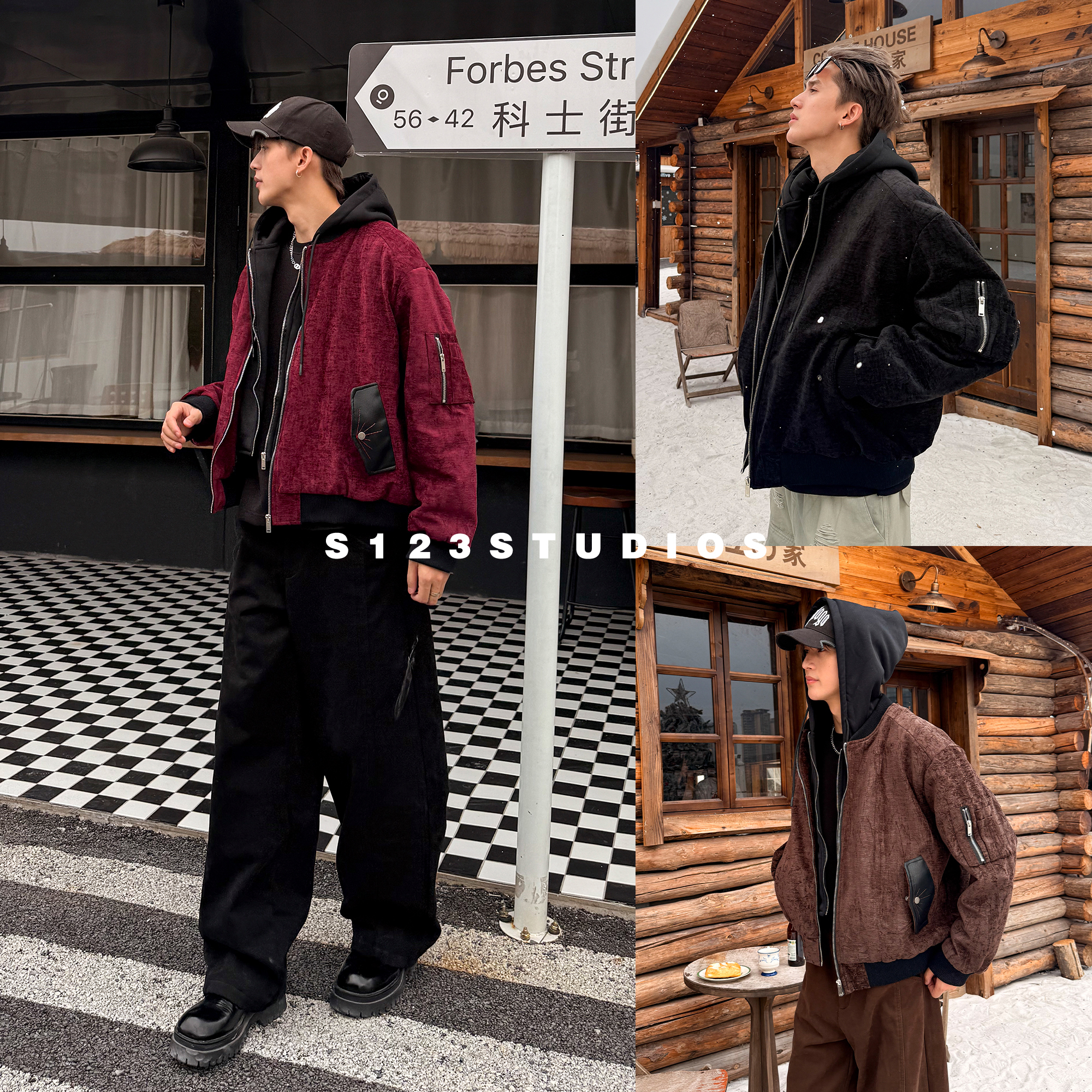 S123【锦绣玉影】美式复古拼接撞色假两件连帽夹克街头痞帅休闲外