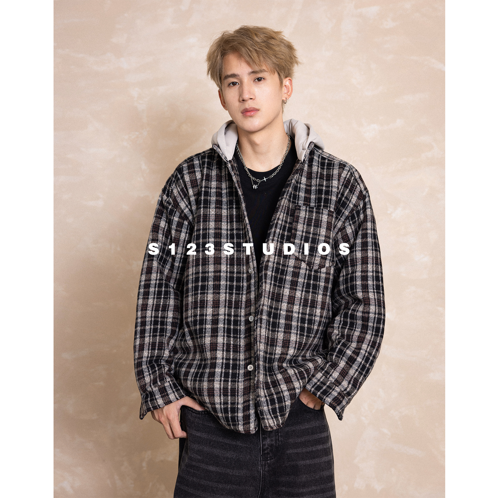 假两件连帽衬衫棉服男女复古街头