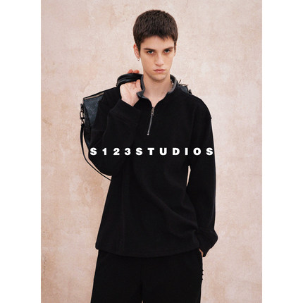 S123 美式休闲简约纯色半拉链POLO领卫衣男宽松百搭通勤上衣外套