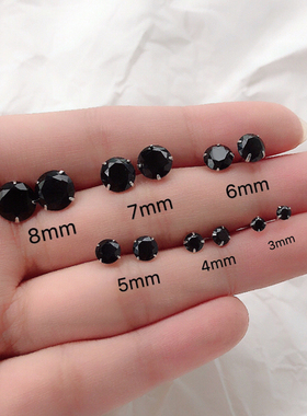 999纯银黑色锆石耳钉女养耳洞简约冷淡风耳环男高级感耳饰耳骨钉