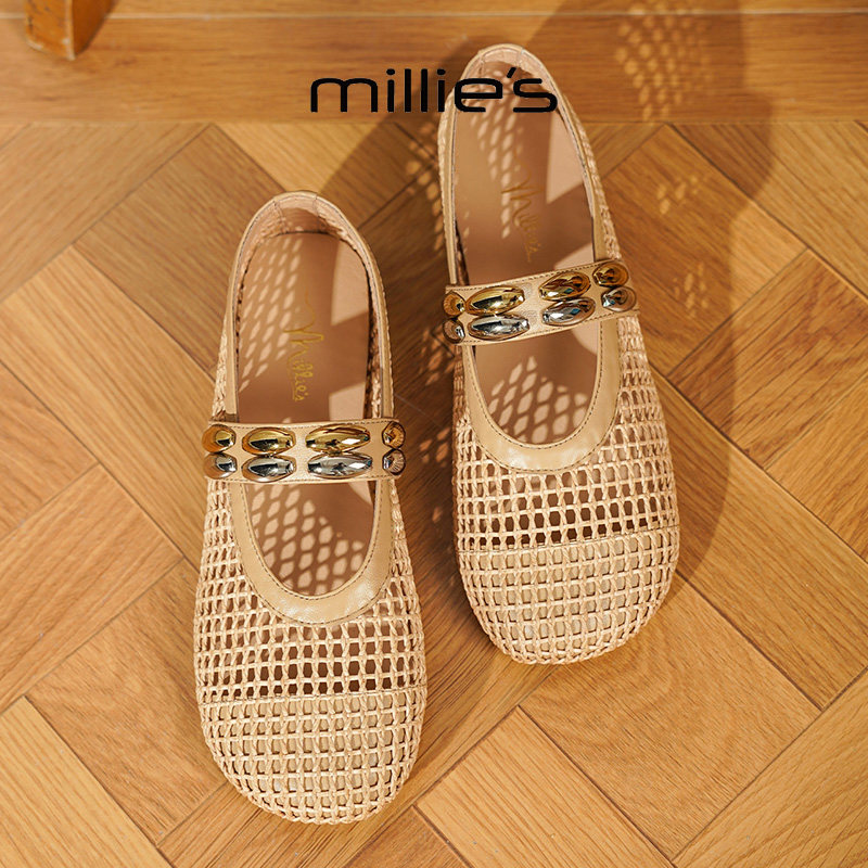 MILLIE'S/妙丽圆头平底镂空时尚百搭舒适透气不累脚休闲凉鞋女鞋