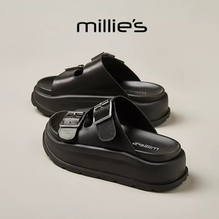 MILLIE'S/妙丽圆头厚底金属扣设计感时尚百搭休闲舒适日常凉鞋女