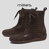 MILLIE 靴系带加绒短靴 英伦风骑士靴复古小众时装 妙丽2025新款