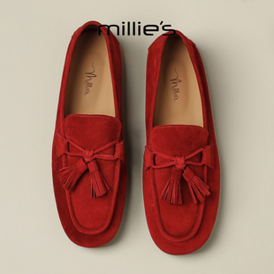 MILLIE'S/妙丽红色流苏乐福鞋女平底软底一脚蹬百搭豆豆鞋休闲鞋