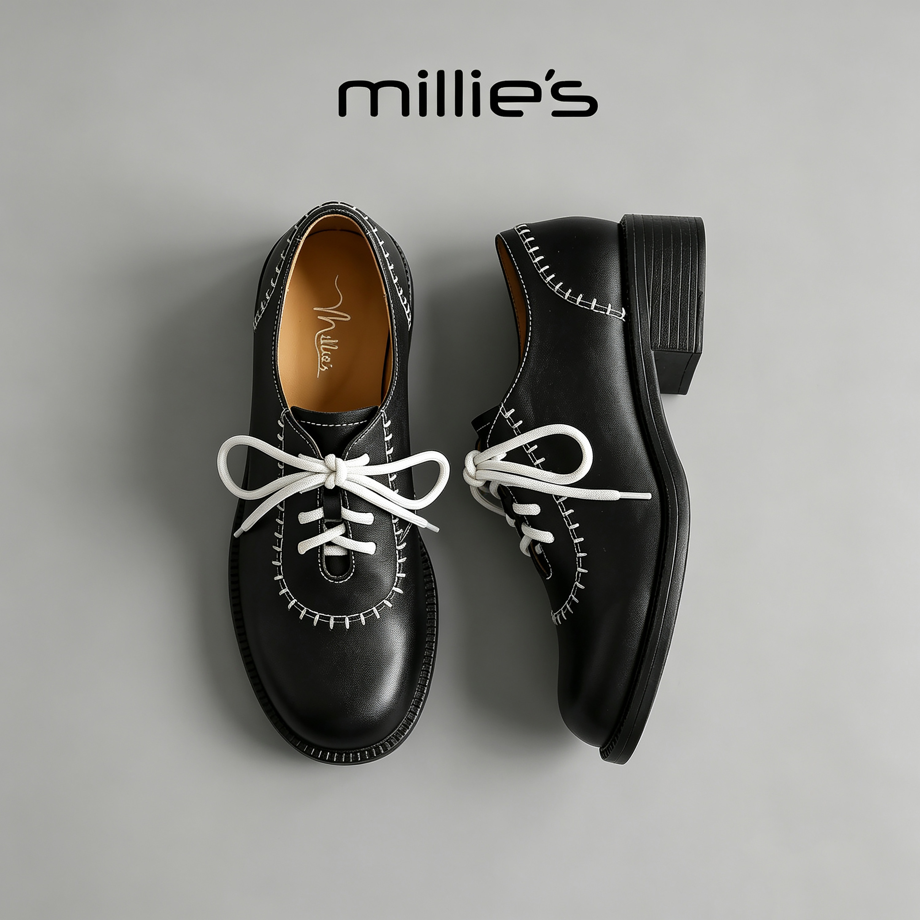 MILLIE'S/妙丽秋季车缝线深口单鞋圆头交叉绑带牛皮革女真皮单鞋