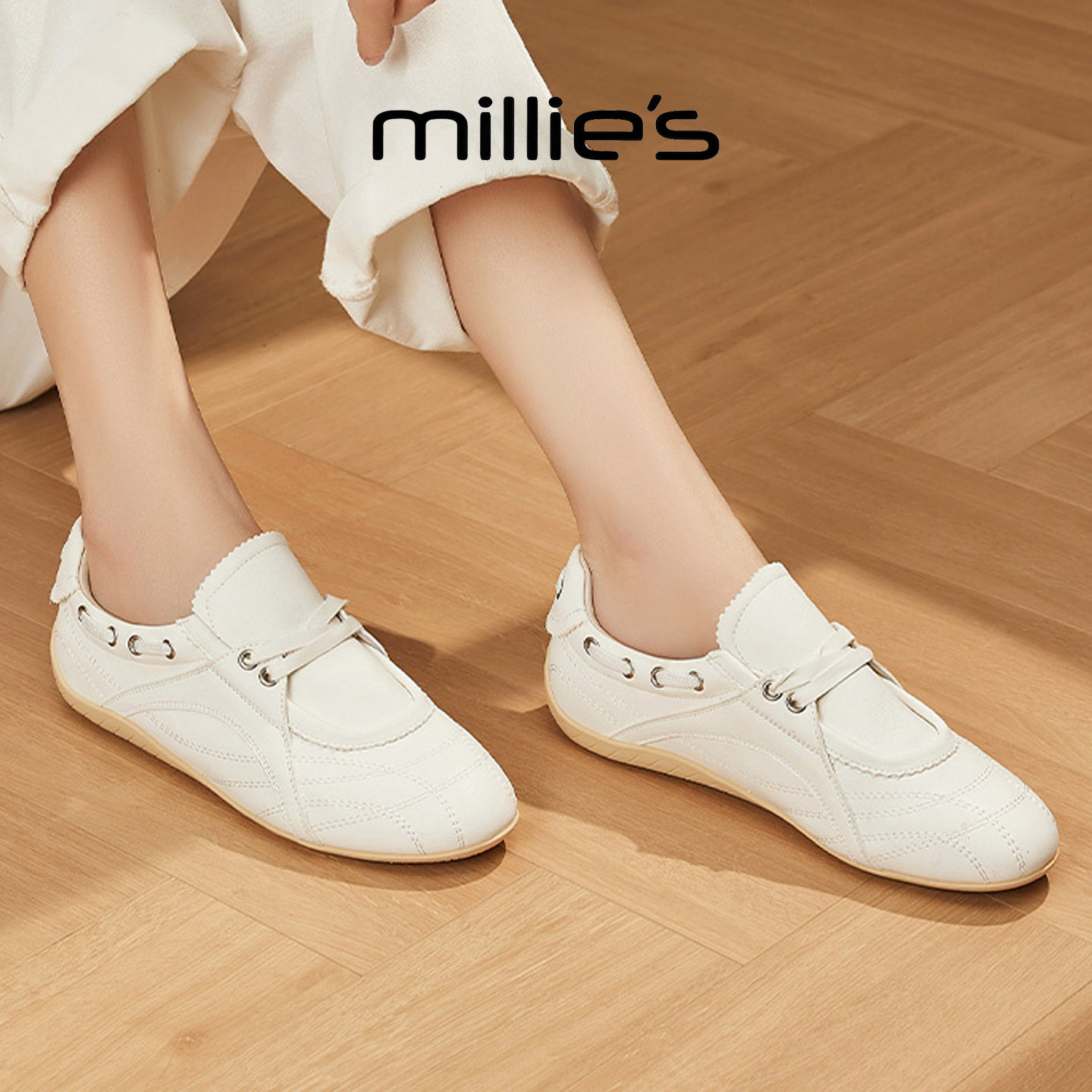 MILLIE'S/妙丽白色平底德训鞋女百搭软底休闲运动鞋舒适不累脚