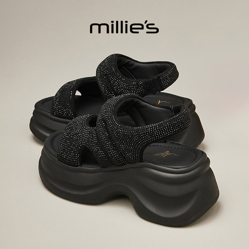 MILLIE'S/妙丽圆头厚底水钻镶嵌设计独特别致时尚百搭休闲凉鞋女