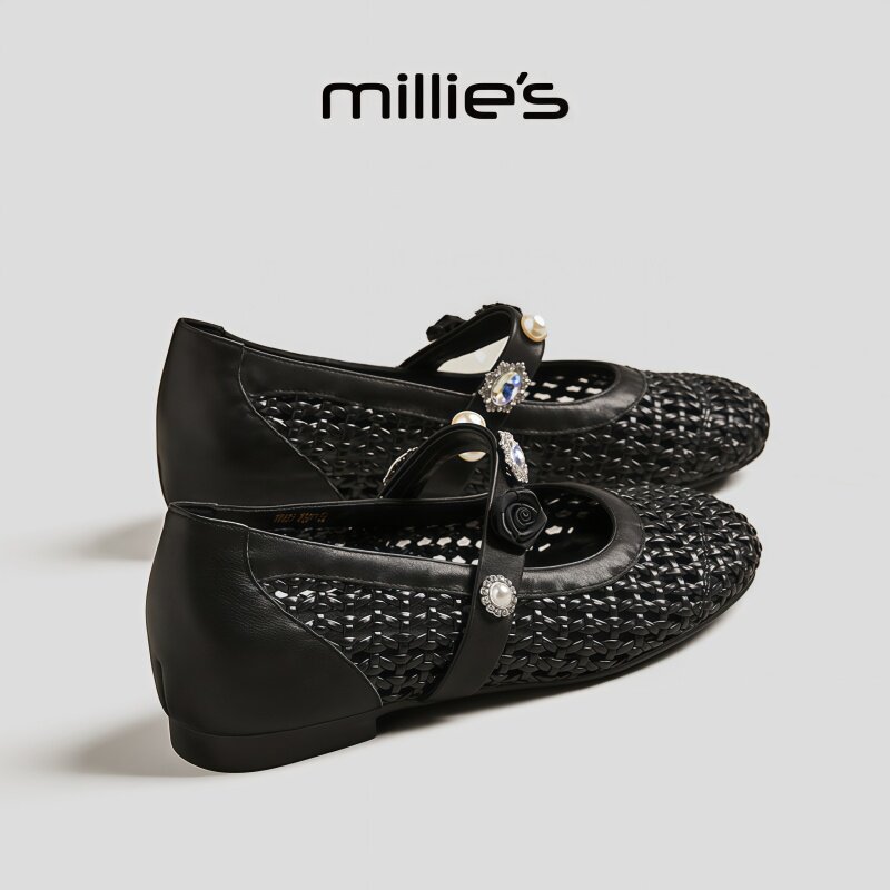 MILLIE'S/妙丽圆头平底法式精致优雅气质镂空设计时尚浅口单鞋女