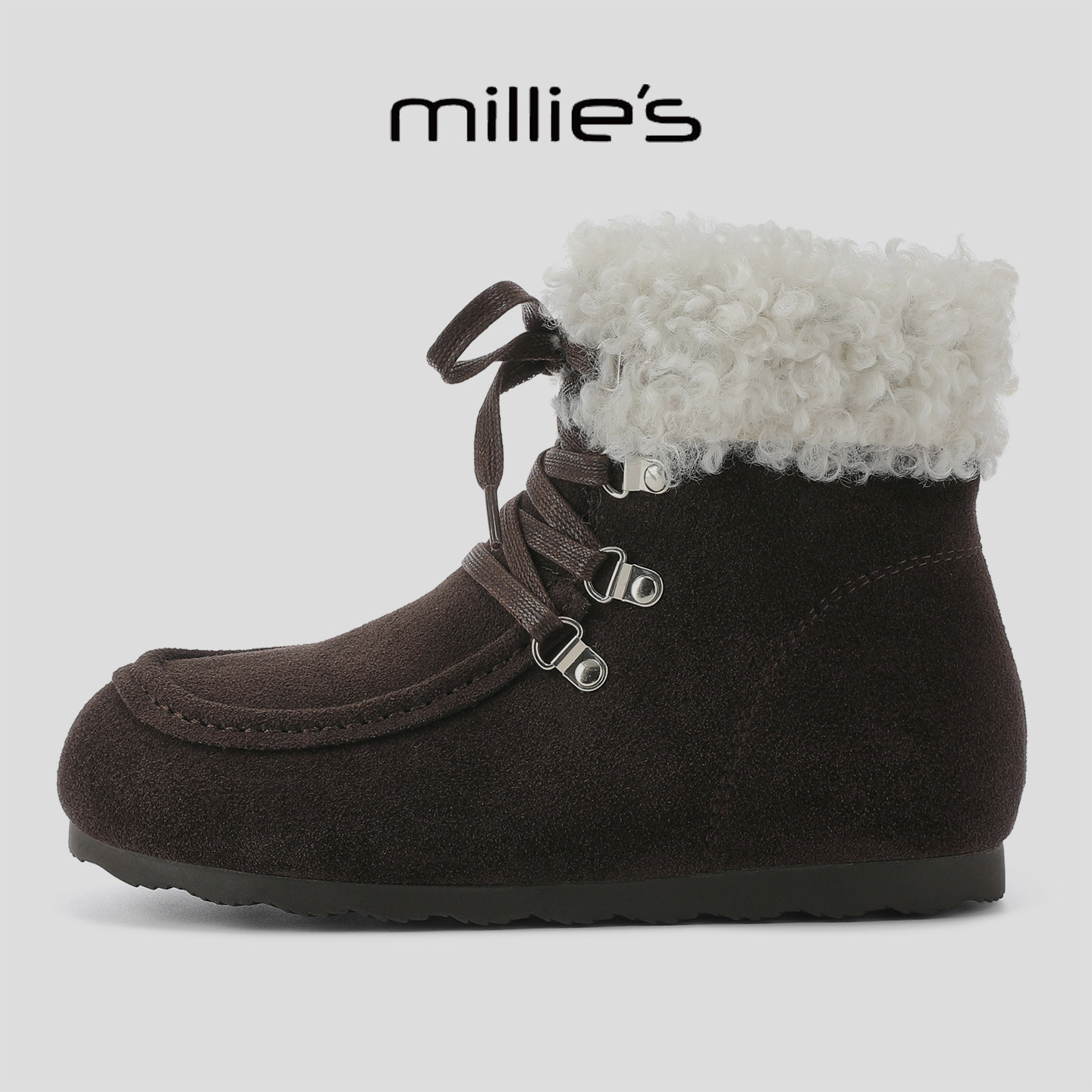 MILLIE'S/妙丽冬季加绒保暖毛毛系带棉靴百搭复古雪地靴系带短靴