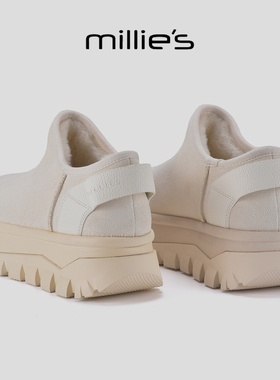 MILLIE'S/妙丽2025新款加厚加绒保暖厚底增短靴一脚蹬白色棉鞋女
