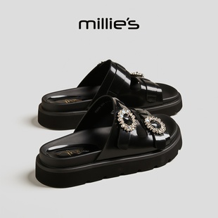 休闲拖鞋 MILLIE 精美水钻设计时尚 妙丽露趾厚底一脚蹬罗马风格