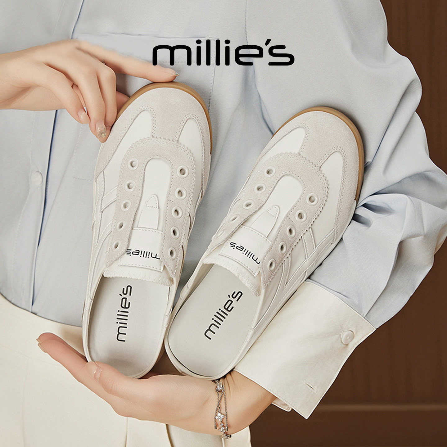 MILLIE'S/妙丽拼接一脚蹬复古勃肯鞋女米色系带舒适百搭休闲鞋