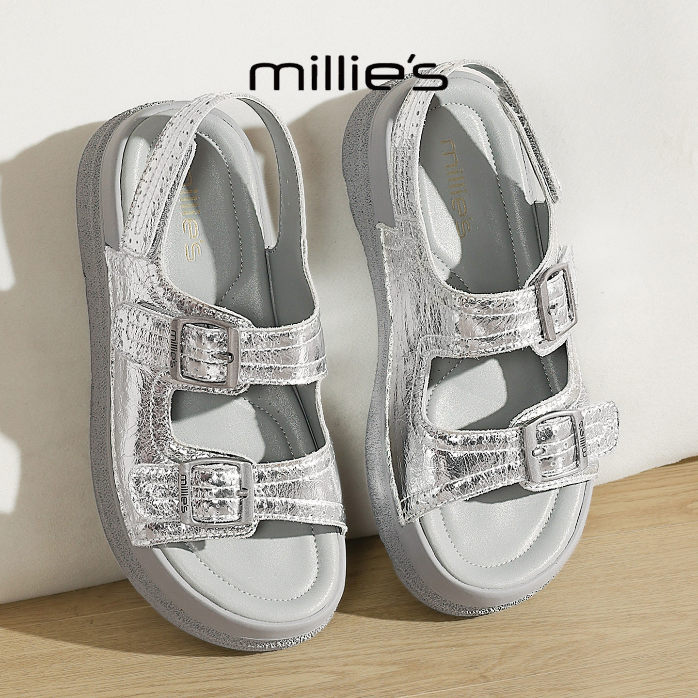 MILLIE'S/妙丽2026潮流爆款双扣带凉鞋女夏厚底露趾魔术贴松糕底