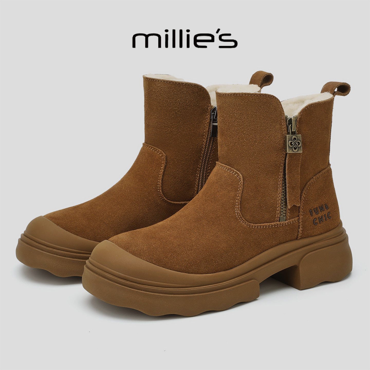 MILLIE'S/妙丽2025冬季新款时尚舒适短靴加绒保暖厚底防滑雪地靴,女鞋,棉鞋,淘宝优惠券,粉丝福利购,淘宝优惠卷