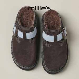MILLIE'S/妙丽加绒加厚保暖舒适不累脚拖鞋女巨好看一脚蹬半包鞋