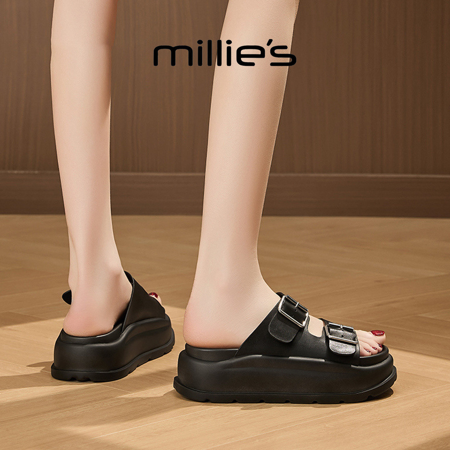 MILLIE'S/妙丽休闲黑色厚底金属双扣带凉鞋女时尚百搭舒适厚跟鞋