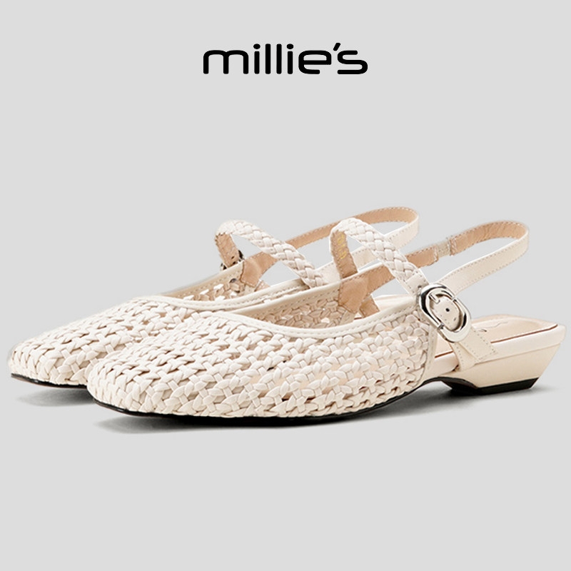 MILLIE'S/妙丽方头平底复古日常通勤百搭柔软舒适气质一字带凉鞋