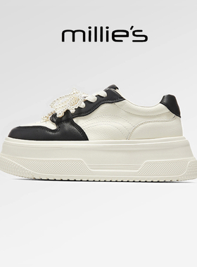 millies妙丽 2005新款撞色松糕鞋系带厚底头层牛皮休闲板鞋女秋季