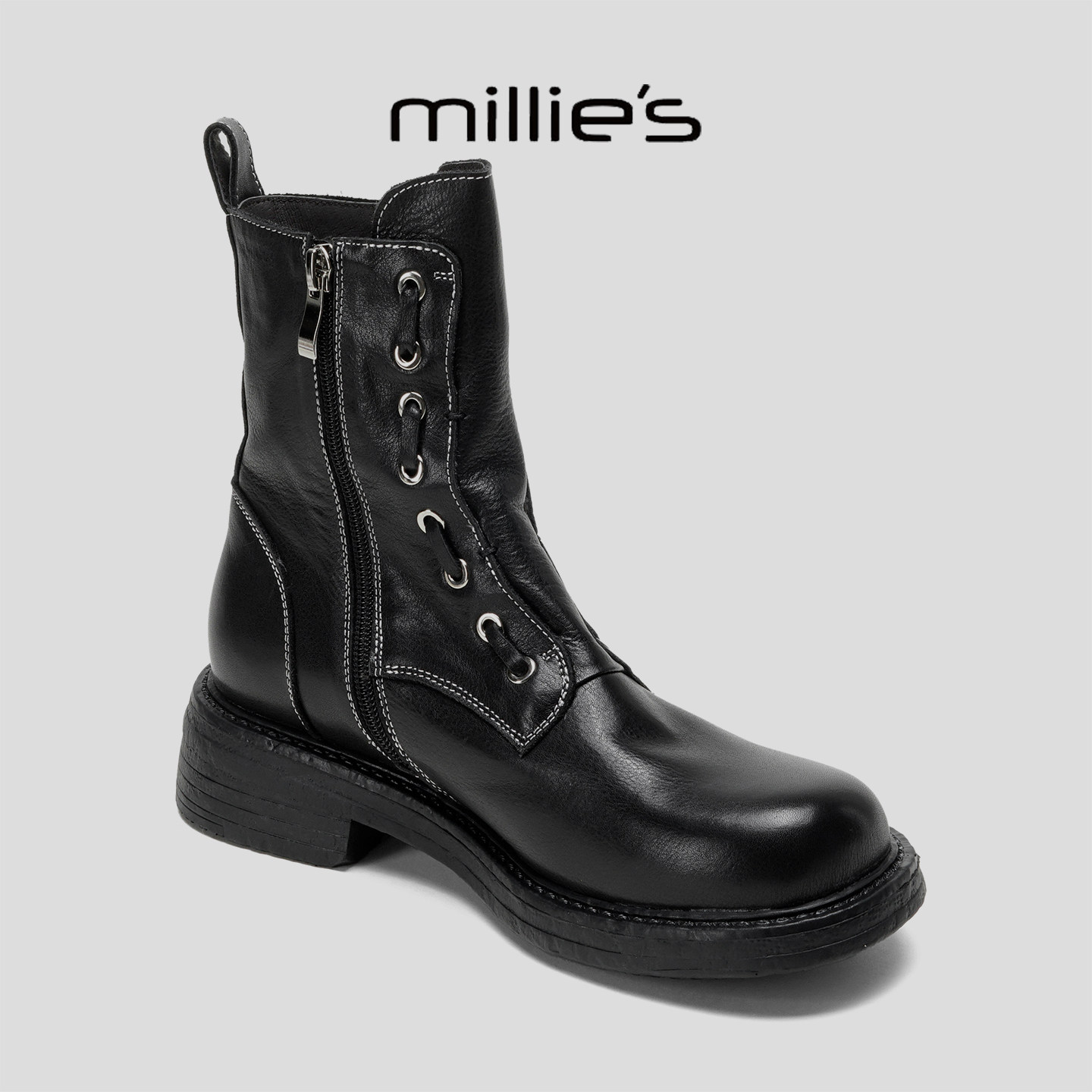 MILLIE'S/妙丽秋冬新款厚底复古短靴简约圆头显瘦黑色机车皮靴