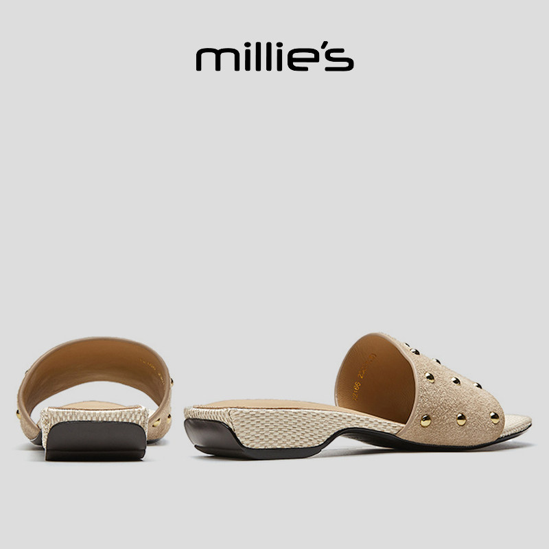 MILLIE'S/妙丽方头平底一脚蹬时髦精致优雅气质时尚百搭休闲拖鞋,女鞋,一字拖,淘宝优惠券,粉丝福利购,淘宝优惠卷