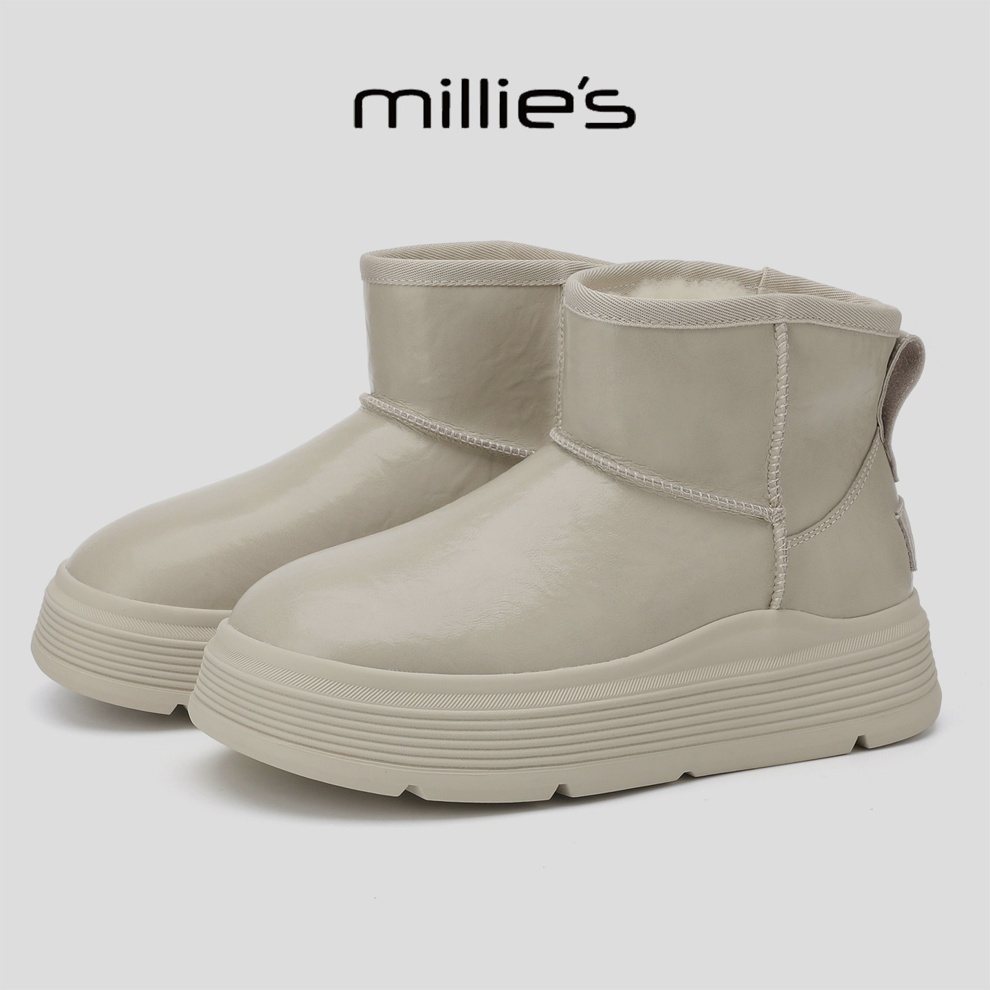 MILLIE'S/妙丽新款加绒保暖厚底棉靴冬季防滑雪地靴显瘦套脚短靴