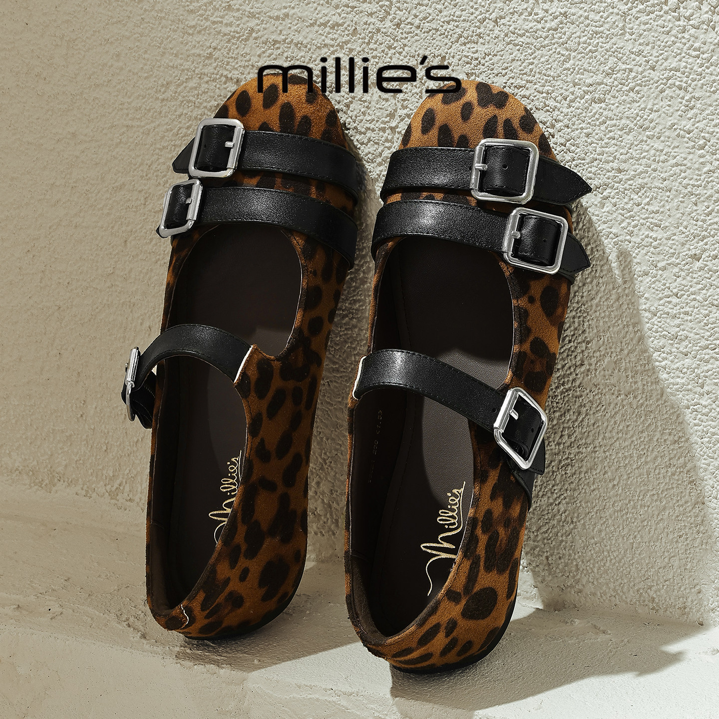 MILLIE'S/妙丽法式复古风豹纹玛丽珍女鞋双扣带平底鞋小众女单鞋,女鞋,浅口单鞋,淘宝优惠券,粉丝福利购,淘宝优惠卷