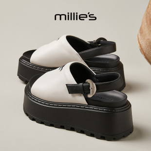 妙丽羊皮增高厚底羊皮轻奢露趾简约后绊带休闲松糕凉鞋 MILLIE