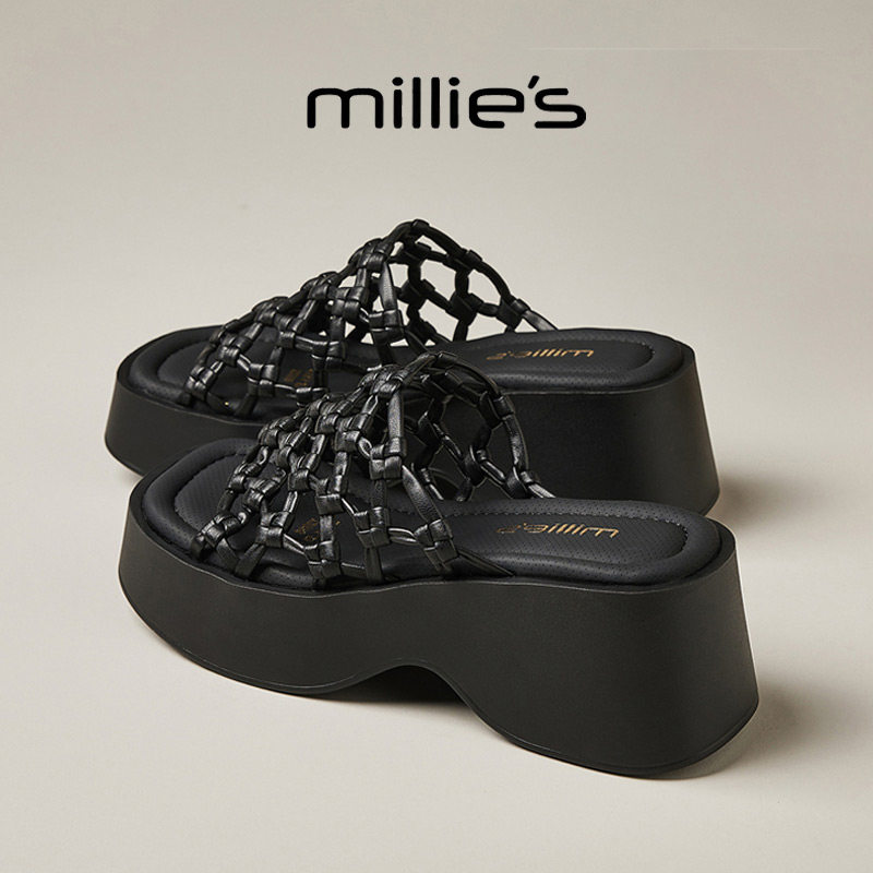 MILLIE'S/妙丽厚底松糕编织镂空设计感时尚休闲百搭黑色凉鞋女鞋