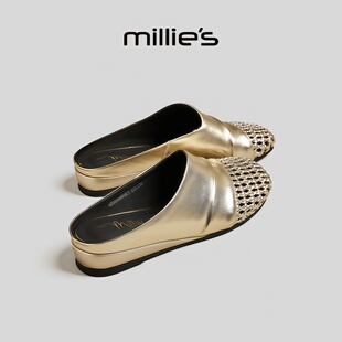 MILLIE'S/妙丽圆头平底镂空网状设计感懒人百搭时尚休闲穆勒鞋女
