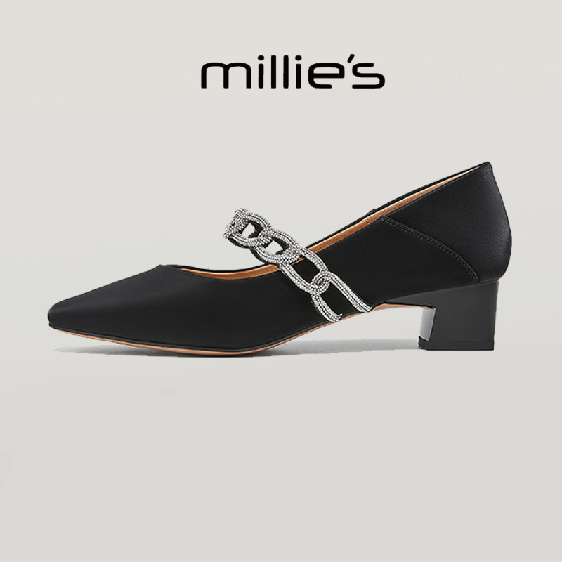 MILLIE'S/妙丽方头粗跟低帮鞋 套脚时尚女鞋简约百搭浅口单鞋