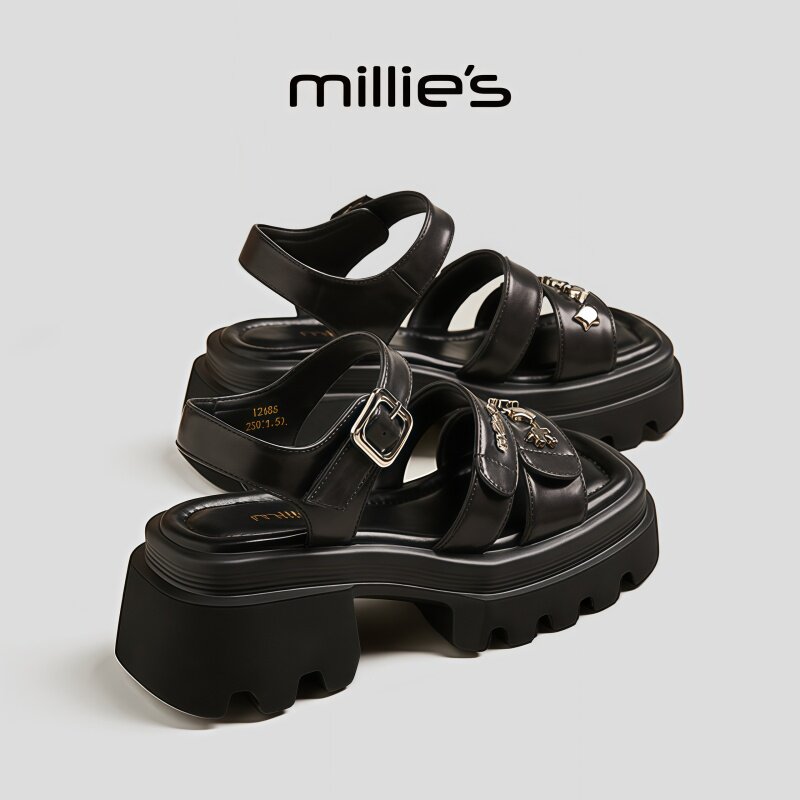 MILLIE'S/妙丽圆头厚底复古时髦铆钉独特设计感时尚休闲凉鞋女
