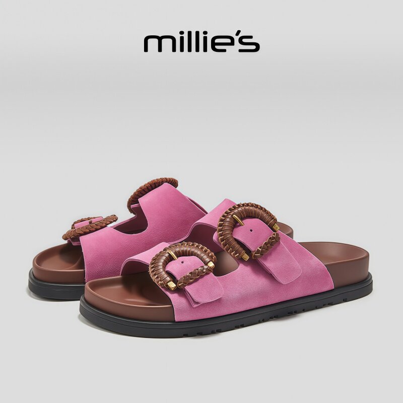 MILLIE'S/妙丽巨好看玫红双扣带勃肯鞋女夏外穿百搭平底沙滩凉鞋