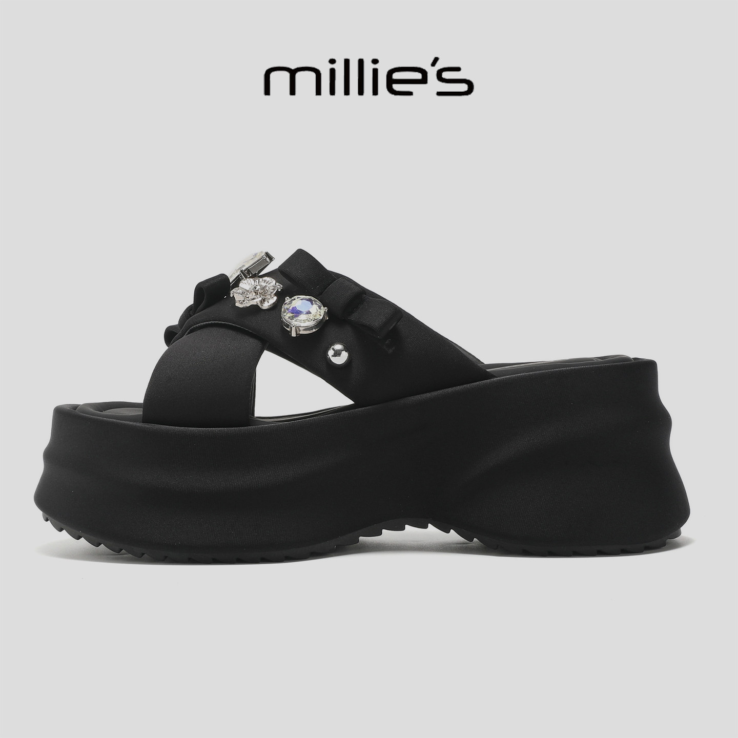 MILLIE'S/妙丽水钻厚底拖鞋女黑色增高外穿凉鞋夏季防滑不累脚