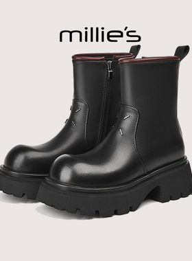 millies妙丽靴子 厚底增高复古擦色拉链设计感高级百搭马丁靴冬季