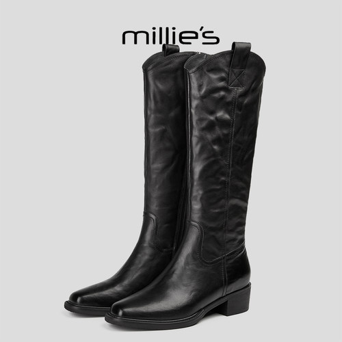 MILLIE'S/妙丽真皮粗跟高筒靴